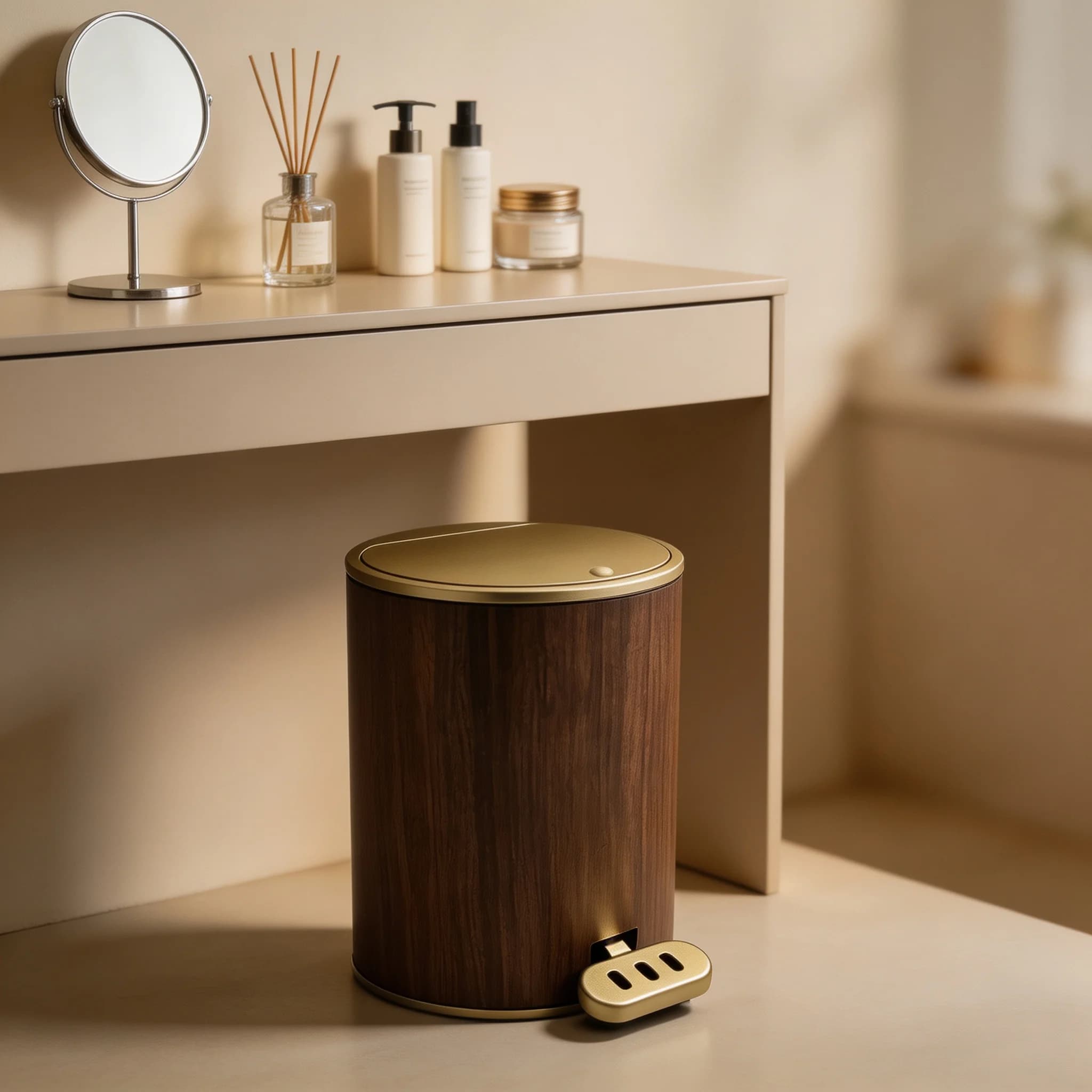 Wood Grain Dual‑Open Pedal Trash Can, Luxury Golden Home Waste Bin
