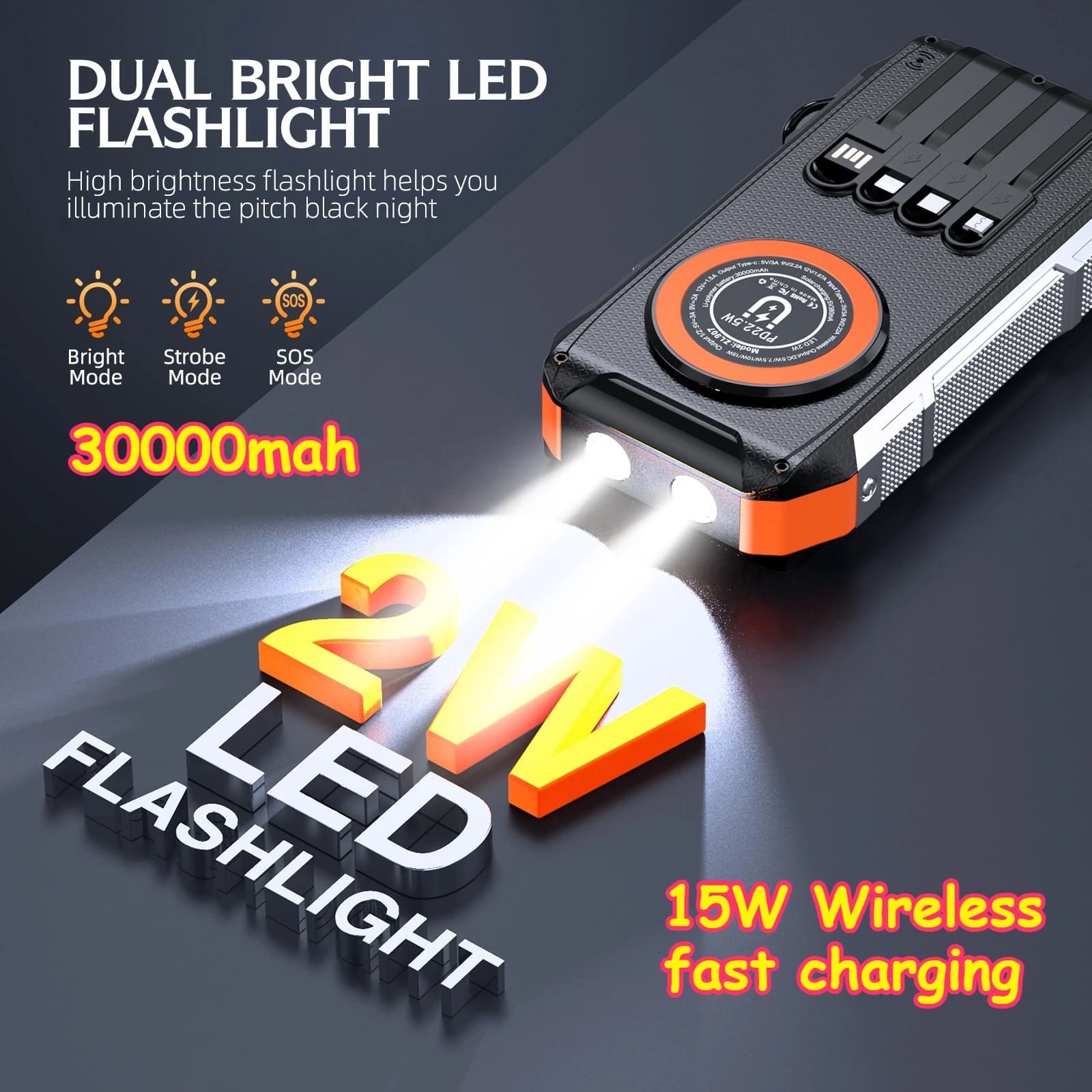 Banca di energia solare a ricarica rapida wireless da 15 W con luci LED super luminose Cavo integrato Batteria di ricambio per IPhone Xiaomi Samsung