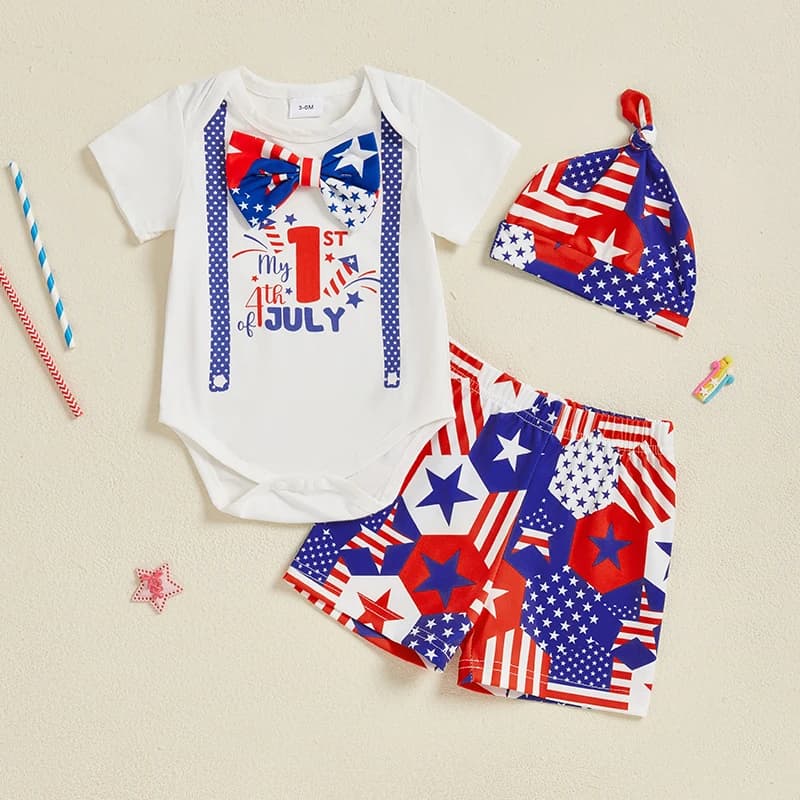 Tuta da neonato a maniche corte con completo patriottico e pantaloncini elastici a righe a stella e set di cappelli Set di vestiti da 3 pezzi