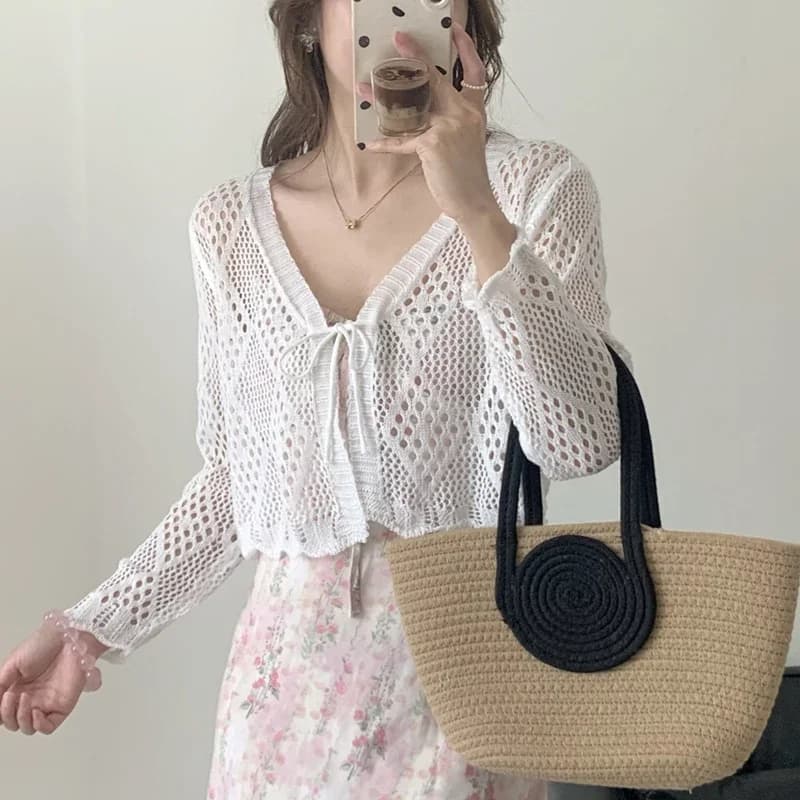 Cardigan corto in maglia trasparente Pointelle con cravatta sul davanti, giacca corta a maniche lunghe traforata, copertura superiore per donna, adolescente, vestito carino