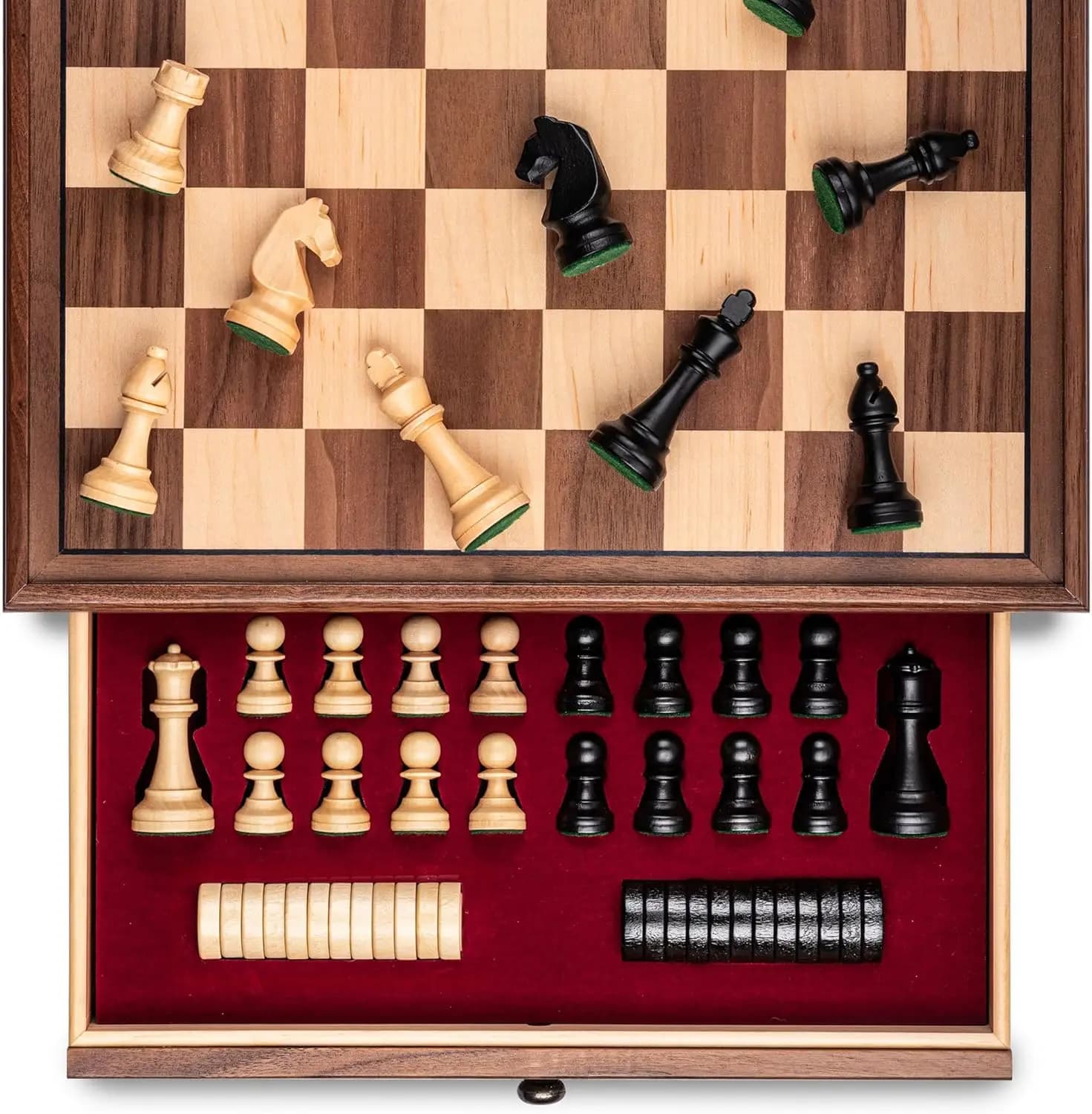 15" Walnut Wooden Chess Set with Storage Drawer, Triple Weighted Pieces, 2 Extra Queens, 2 in 1 Chess & Checkers Board Game
