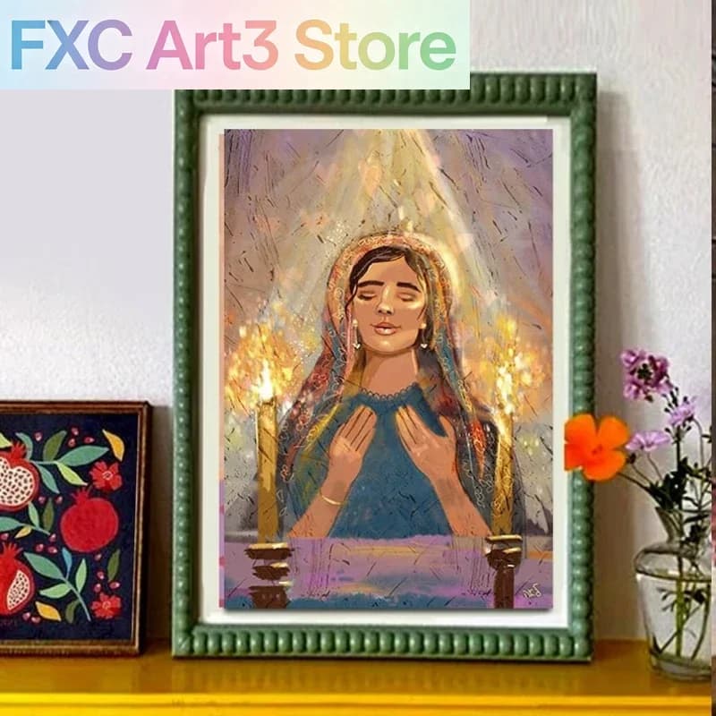 Quadro senza cornice da 1 pezzo: Donna che si prega con candela - Arte murale di un artista israeliano, arte ebraica, poster opaco, regalo per Pesach e Shabbat, candela.