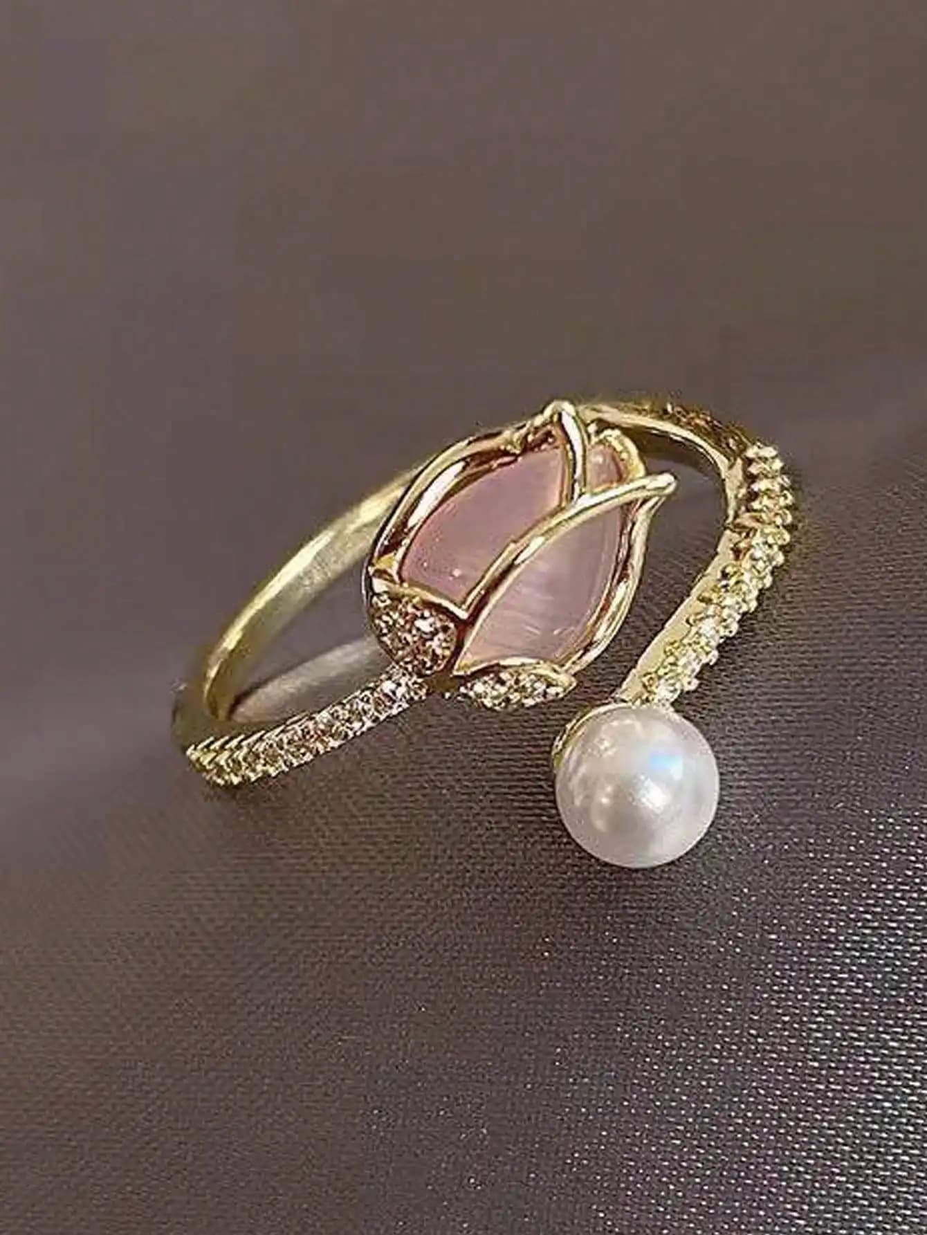 Anello regolabile color oro con pietra rosa e goccia di perla, gioielli di moda da donna per la festa nuziale