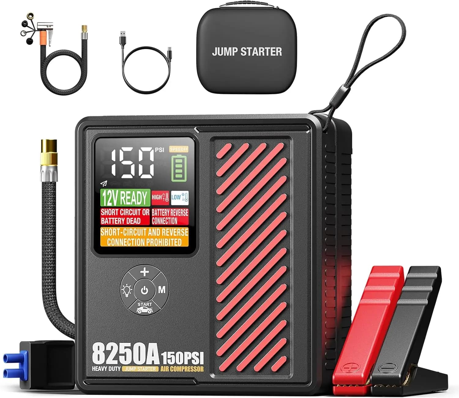 Avviatore di Emergenza 8250A con Compressore d'Aria da 150 PSI, Gonfiatore Portatile per Pneumatici Auto da 24000 mAh, Display LED e Luce