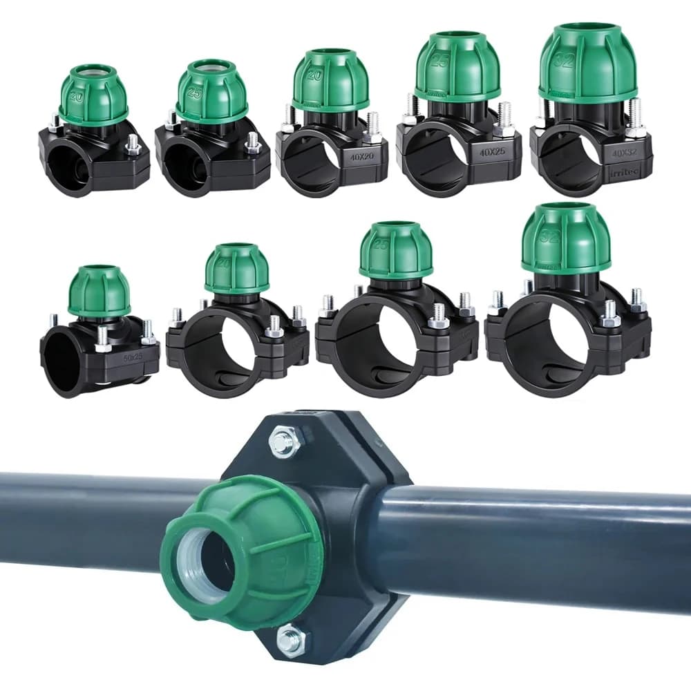 Morsetto a sella in PVC/PP 20/25/32/40/50/63/75mm per tubi di irrigazione agricola da giardino, connettore rapido PE a 3 vie con dado di bloccaggio, riduttore in plastica