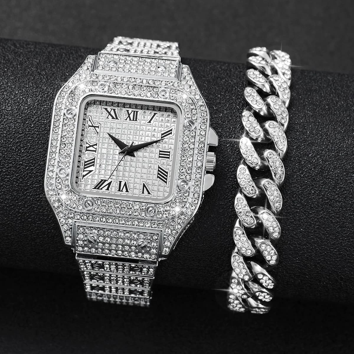 Set 2 Pezzi: Orologio Quadrato Iced Out e Bracciale Cuban Link - Orologio da Polso al Quarzo di Lusso con Diamanti Bling, Gioielli Hip Hop da Uomo