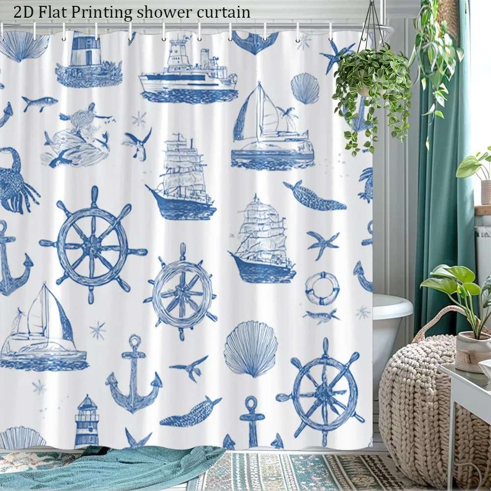 Blue Nautical Coastal Ship Wheel Anchor Boat Pattern Waterproof Bathroom Shower Curtain Set Decorative Sea Life Decor 180x200cm