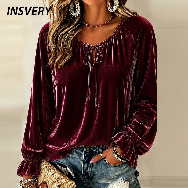 Autumn Winter Velvet Shirt Women Blouses Lace Up O Neck Long Sleeve Sweatshirt Women Casual Pullover Female Sweatshirts