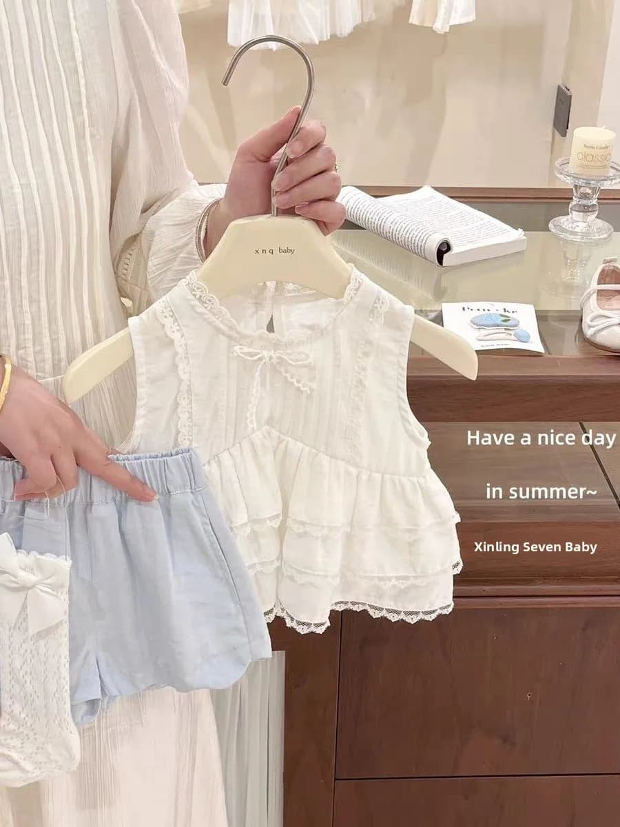 Girls Summer Outfit 2026 round Neck Sleeveless Ruffle Doll Shirt And Bloomer Shorts Two-Piece Set Fashionable Child Ensemble
