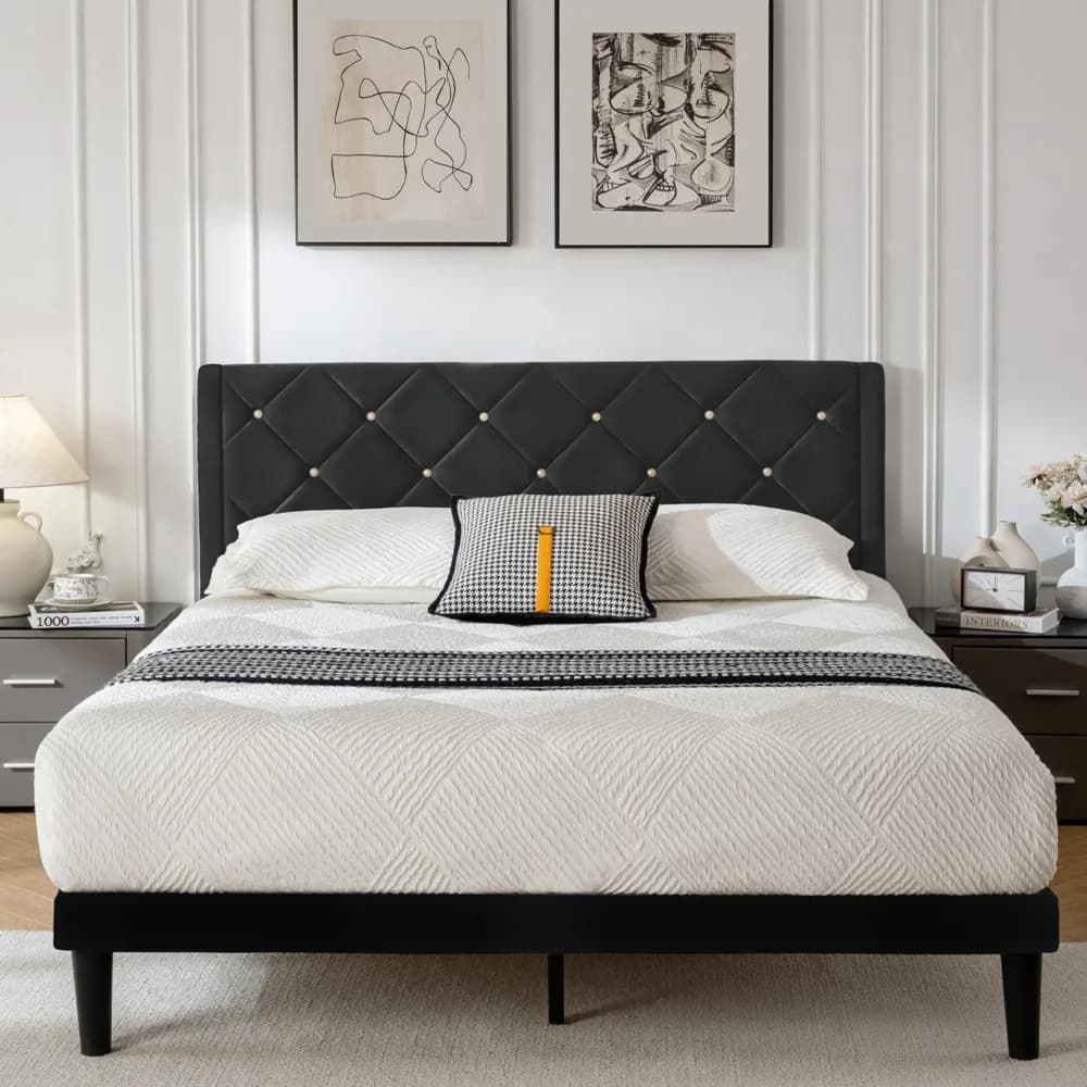 Life-size bed frame with velvet padded headboard and robust wooden slats support, mattress base, easy mounting