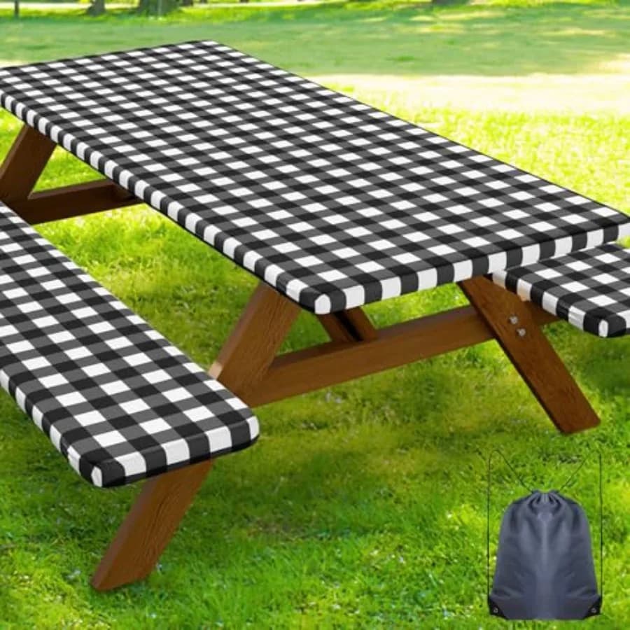 Copertura per Tavolo da Picnic con Coperture per Panche, Tovaglie Elastiche Impermeabili per Tavoli Rettangolari da 8 Piedi, Lavabili, Motivo Buffalo Plaid