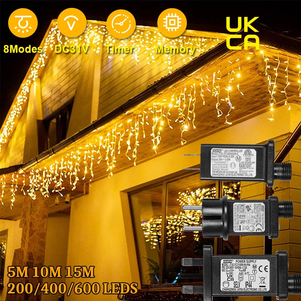 Luci della stringa del ghiacciolo di memoria LED 5/10 / 15M Luci natalizie per esterni impermeabili 8 modalità timer Decorazioni di Capodanno di Natale Spina 31V