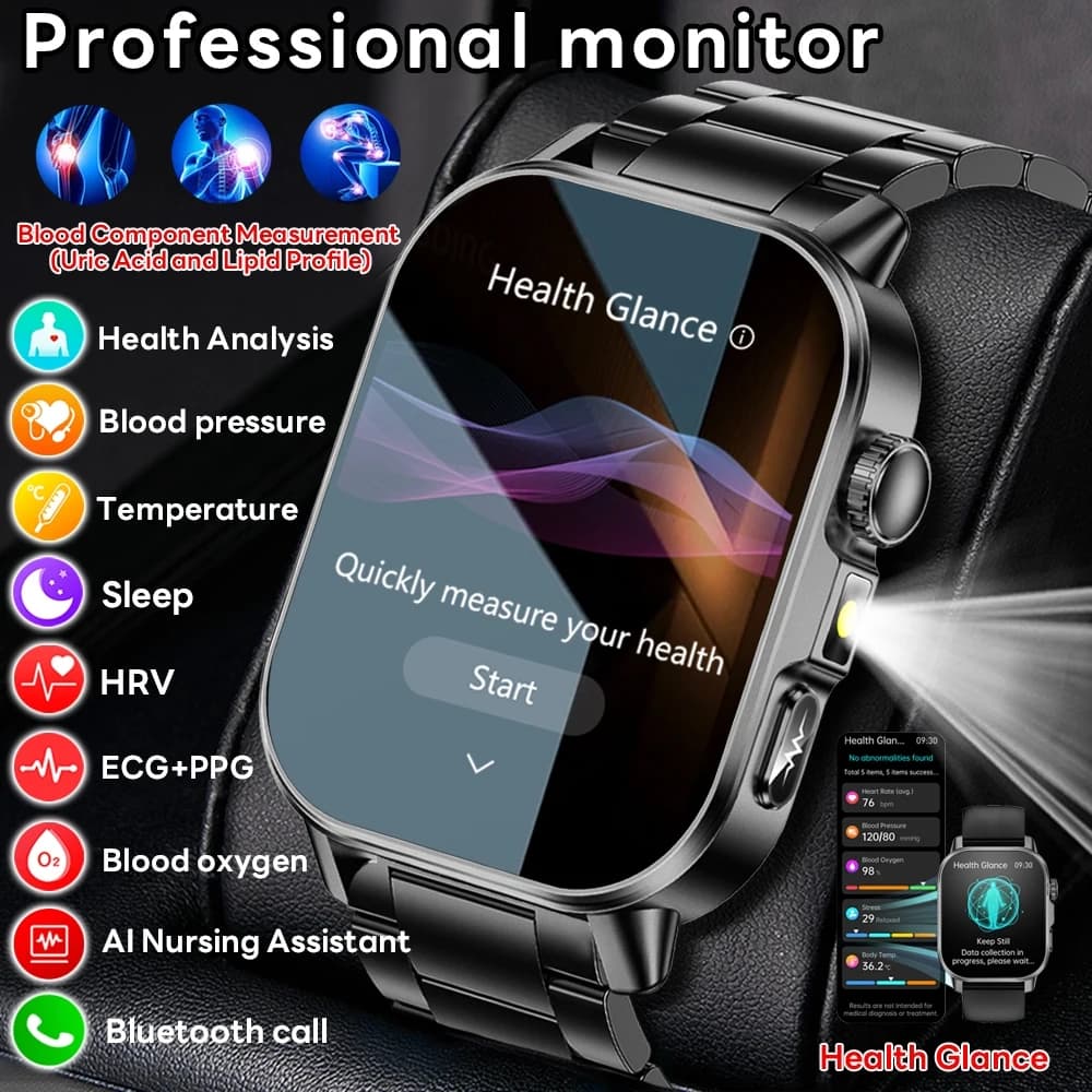 2026 New Model Uric Acid Health Analysis and Lipids Smart Watch for Men ECG + PPG Called Bluetooth 2.01 Inch Women's Smartwatch