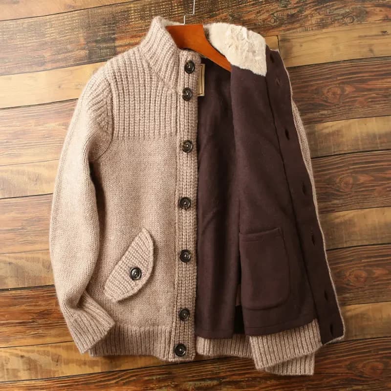 Cardigan in maglia di lana spessa con collo alto, stile italiano, di alta gamma, per l'inverno