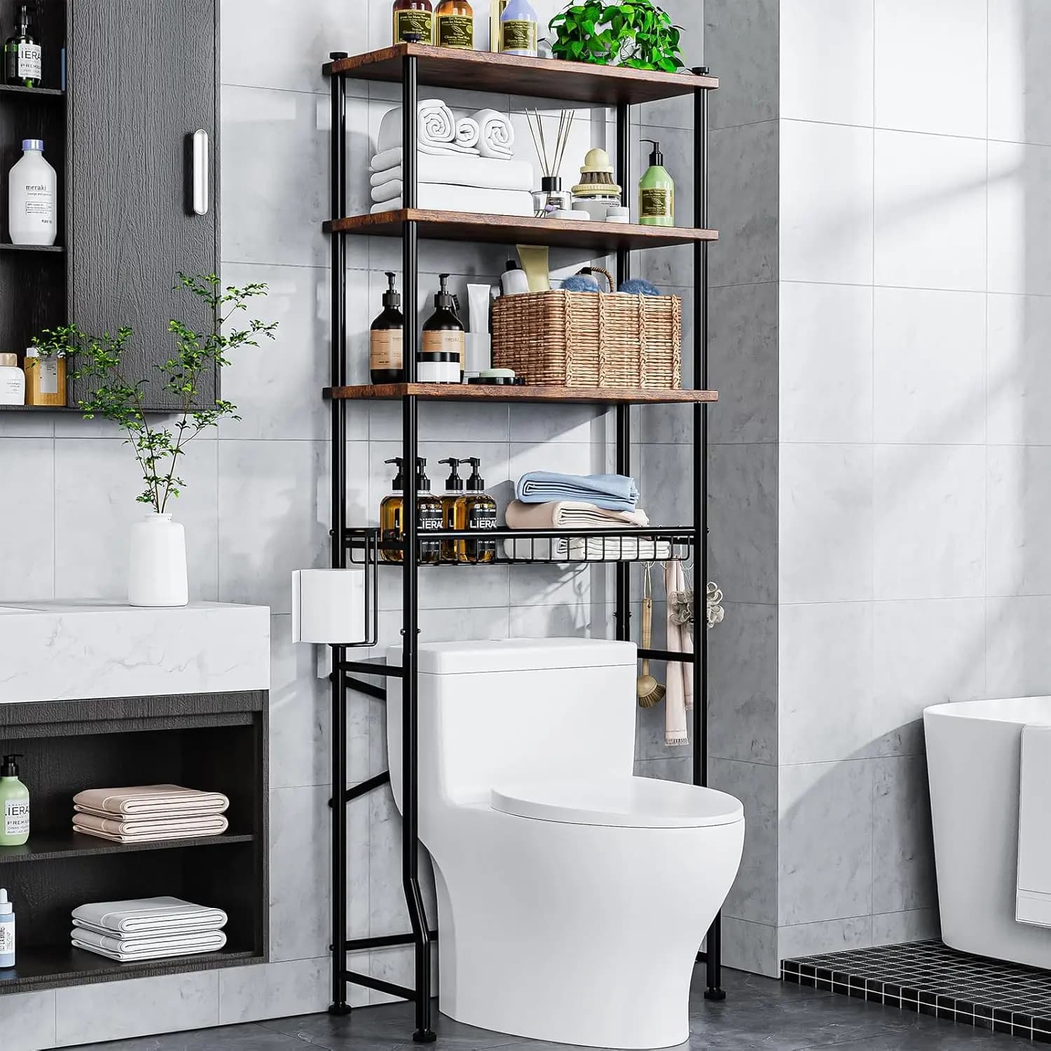 Scaffale portaoggetti sopra il WC a 4 livelli, mobiletto organizer da bagno con piedini e cestello impermeabili, marrone