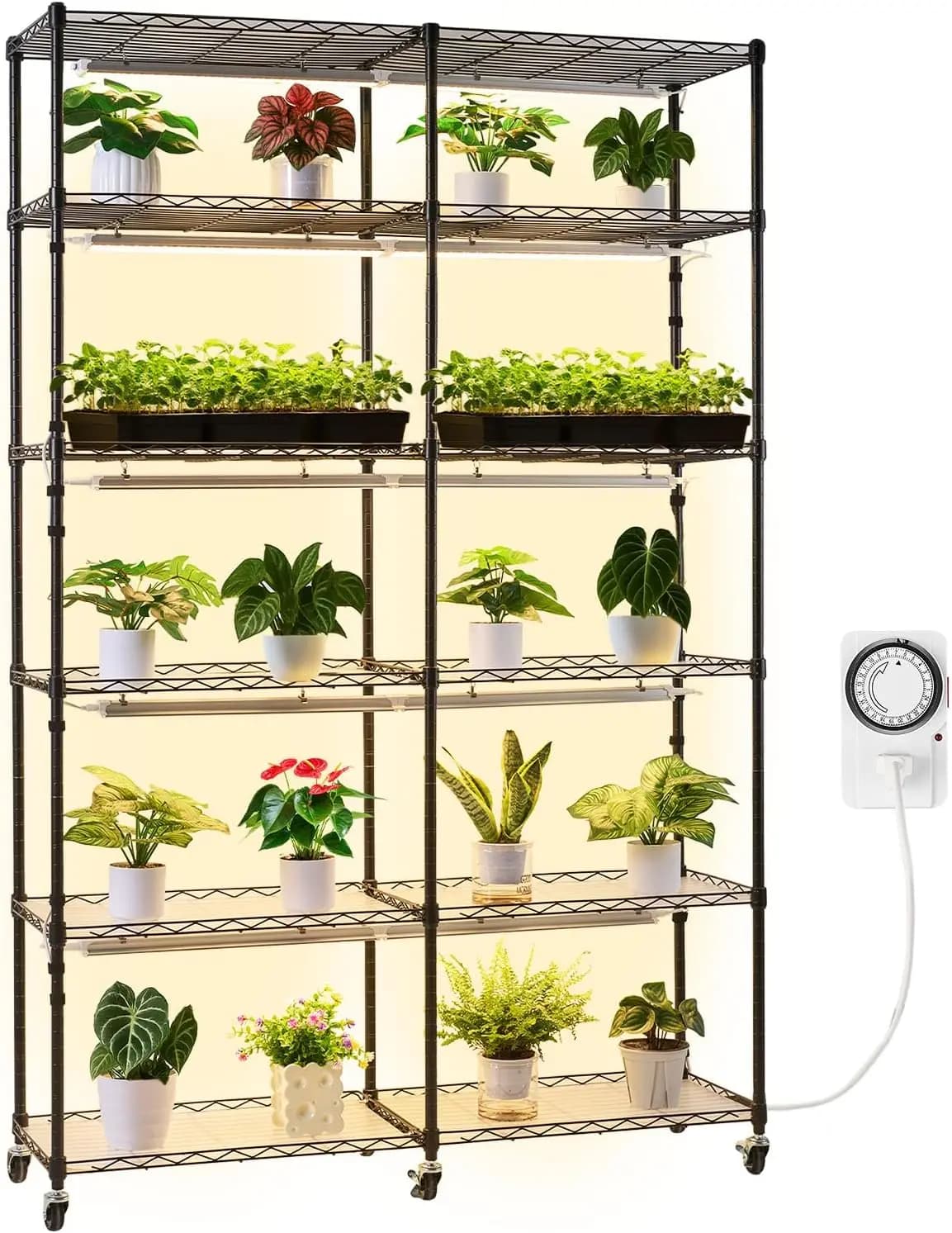 Espositore con Ruote e Timer, Luci per Coltivazione a Spettro Completo da 200W, Portavaso in Metallo per la Germinazione dei Semi