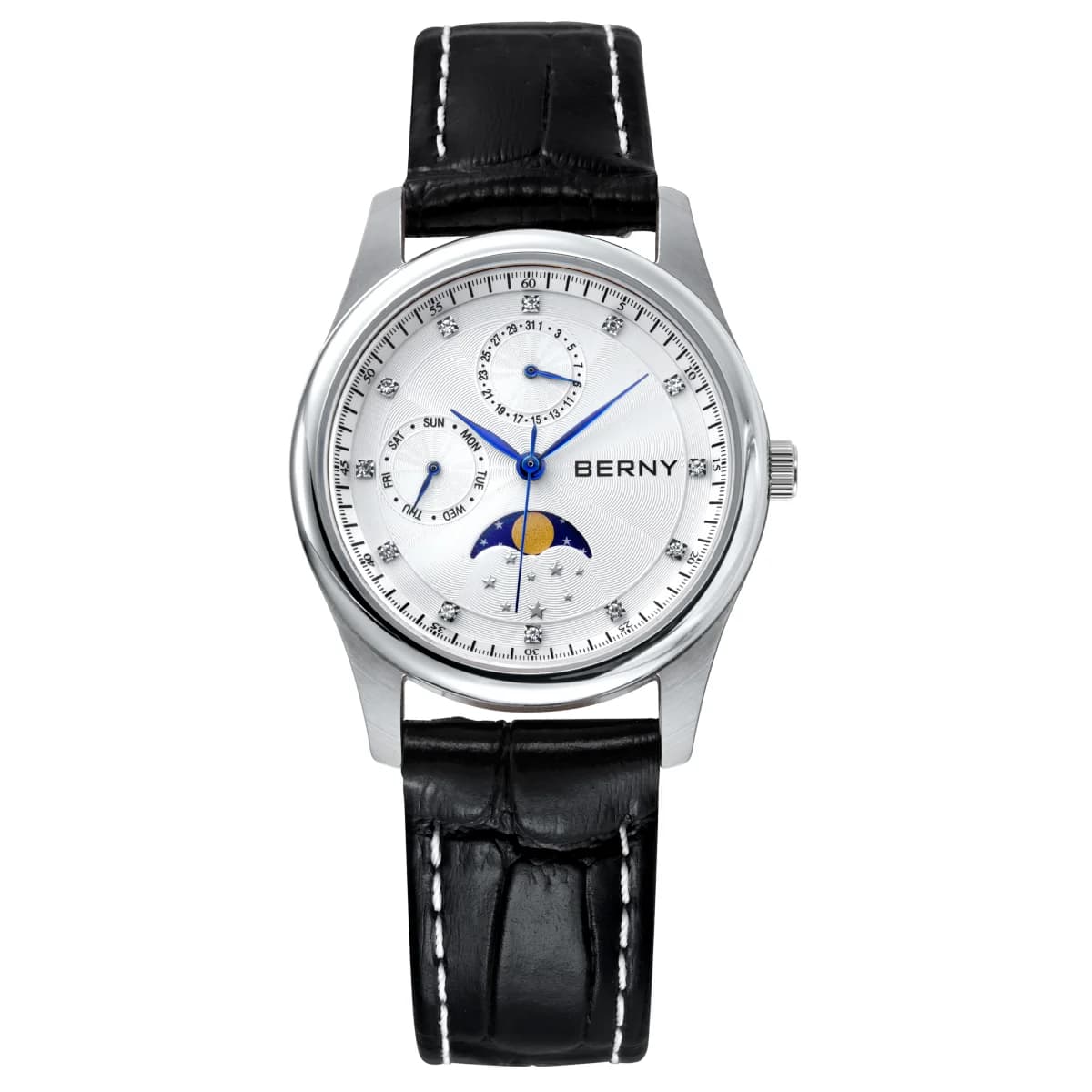 BERNY Orologi da donna Calendario Data Settimana Orologio da donna al quarzo con fasi lunari reali Cinturino in pelle Elegante orologio da polso da donna casual