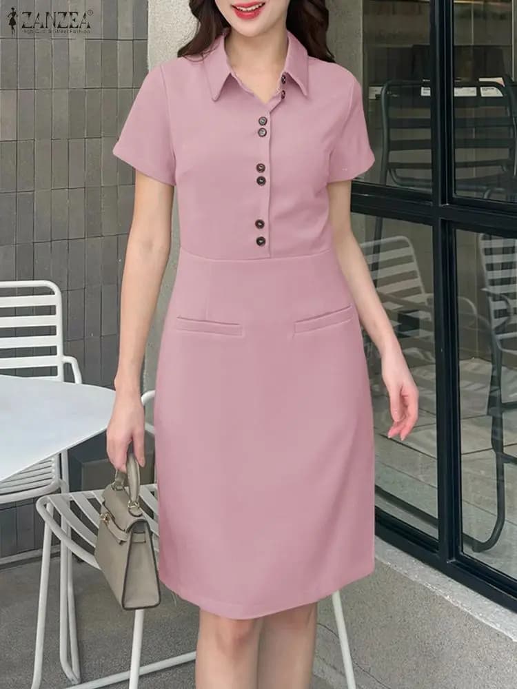 ZANZEA Summer Dresses Women Fashion Short Sleeve Lapel Solid Mini Sundress Elegant Office Lady Vestidos Casual Party Female Robe