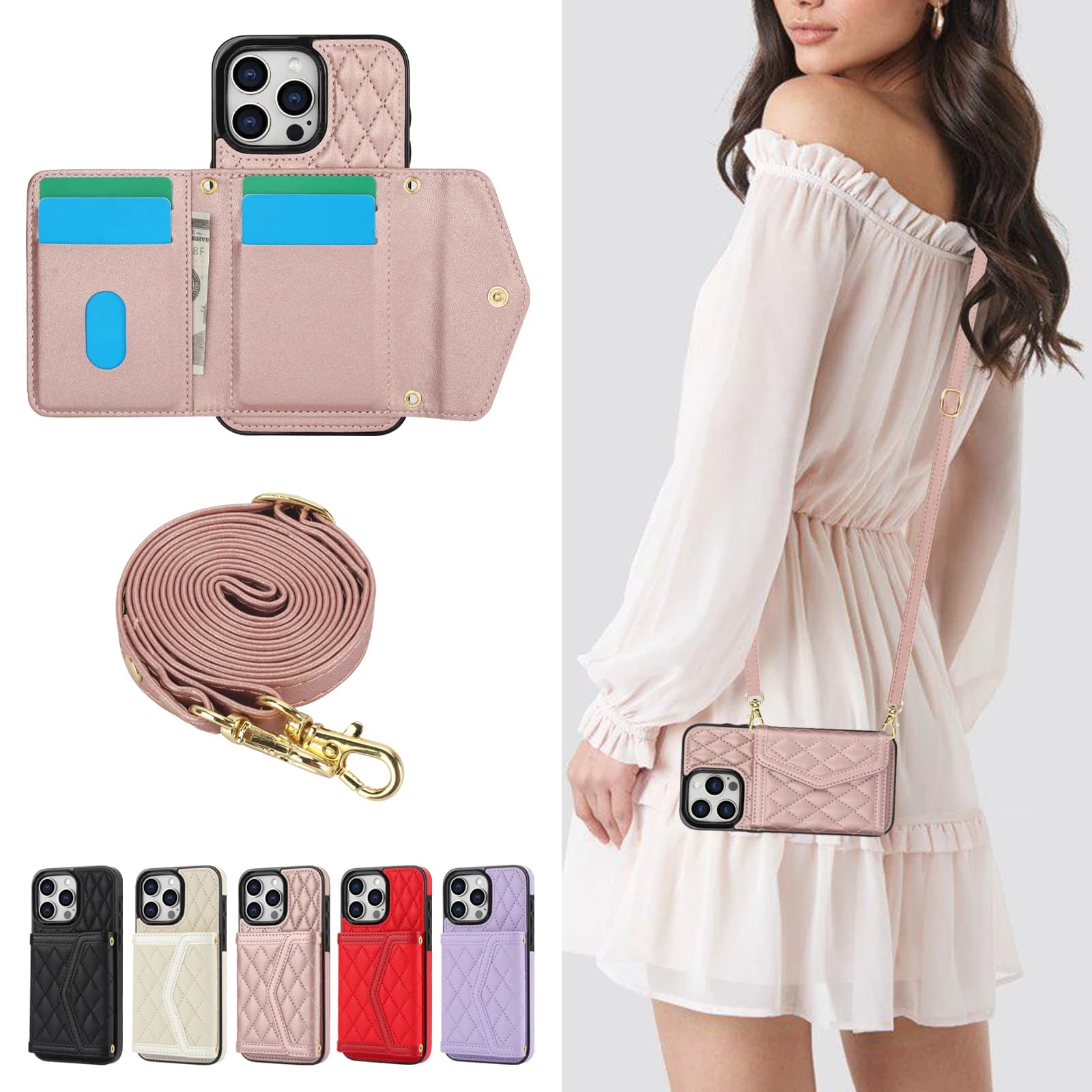 Carte RFID a tracolla Solt Custodia in pelle a portafoglio per iPhone 15 Pro Max 14 Plus 13 12 11 XS XR 7 8 SE 2022 Borsa Diamond Bag Cover