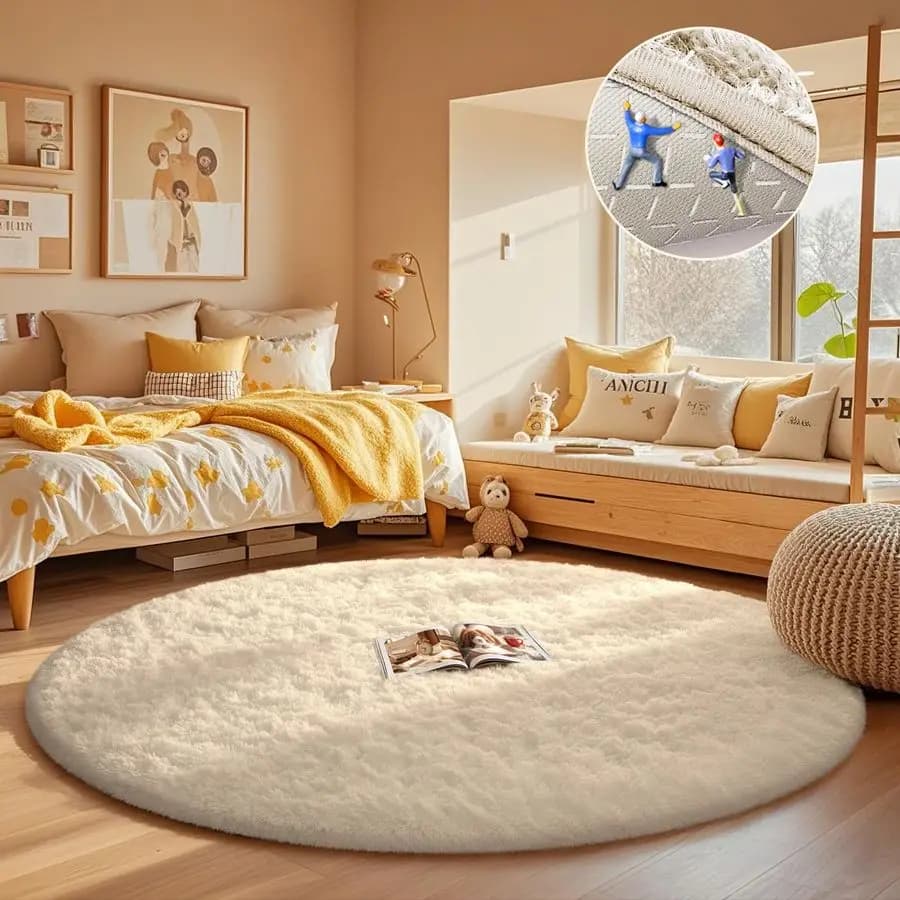 Round carpet Circular ivory 5-foot carpet, children's room furniture, circular carpet for the house with Christmas aesthetic bedroom 5 feet, soft and blurred