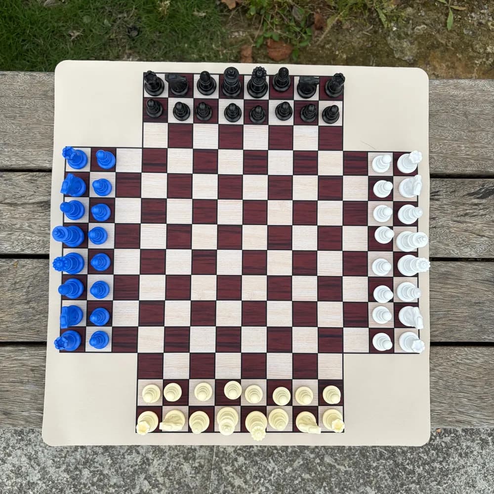 4-Player Chess sets BIG SIZE CHESS MAT 45CM/17.7IN and BIG PIECES Imitation wooden chess pieces, 4 color per 16 pcs pieces