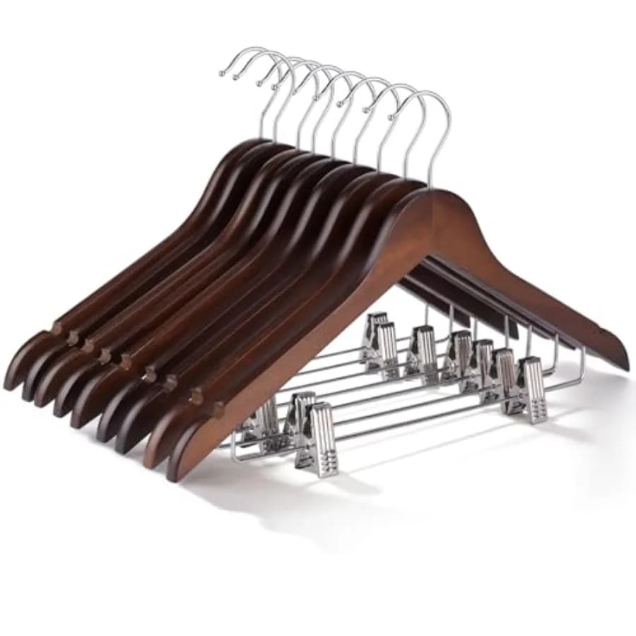 Appendiabiti in legno con clip, 24 pezzi, appendiabiti per pantaloni in legno massello liscio, noce, ganci girevoli a 360°, clip regolabili per jeans, gonne, abiti