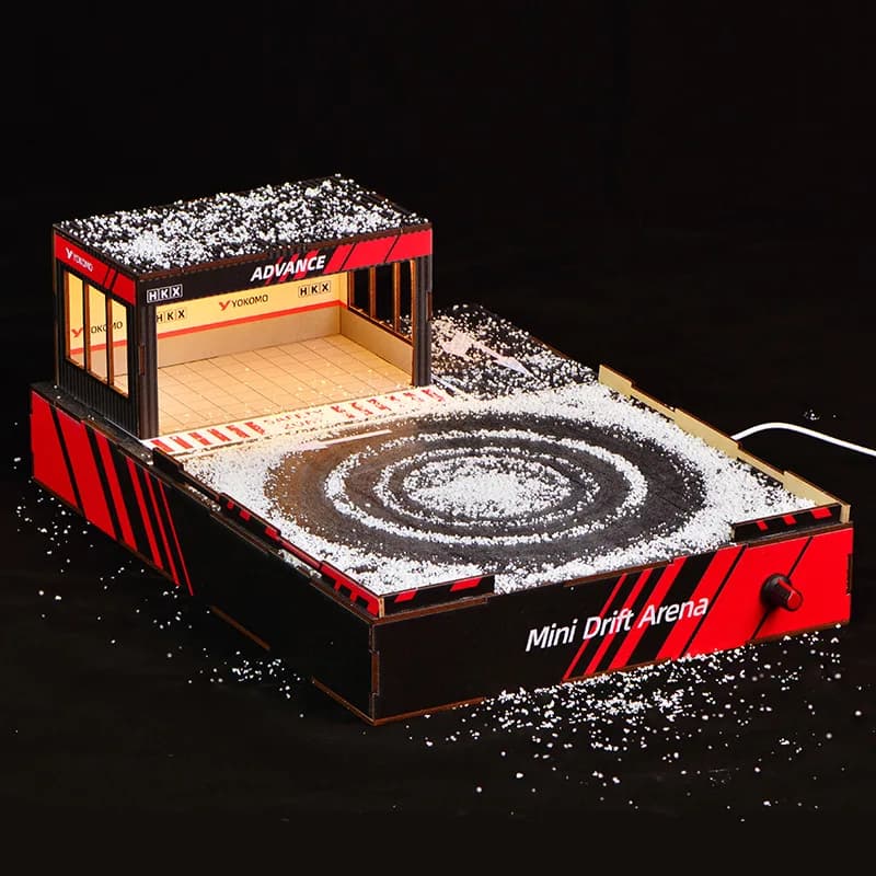 1:64 Scale DIY Drift Track Diorama with Rotating Stage & LED Garage Lights – Model Car Scene Building Kit for Mini Car Display