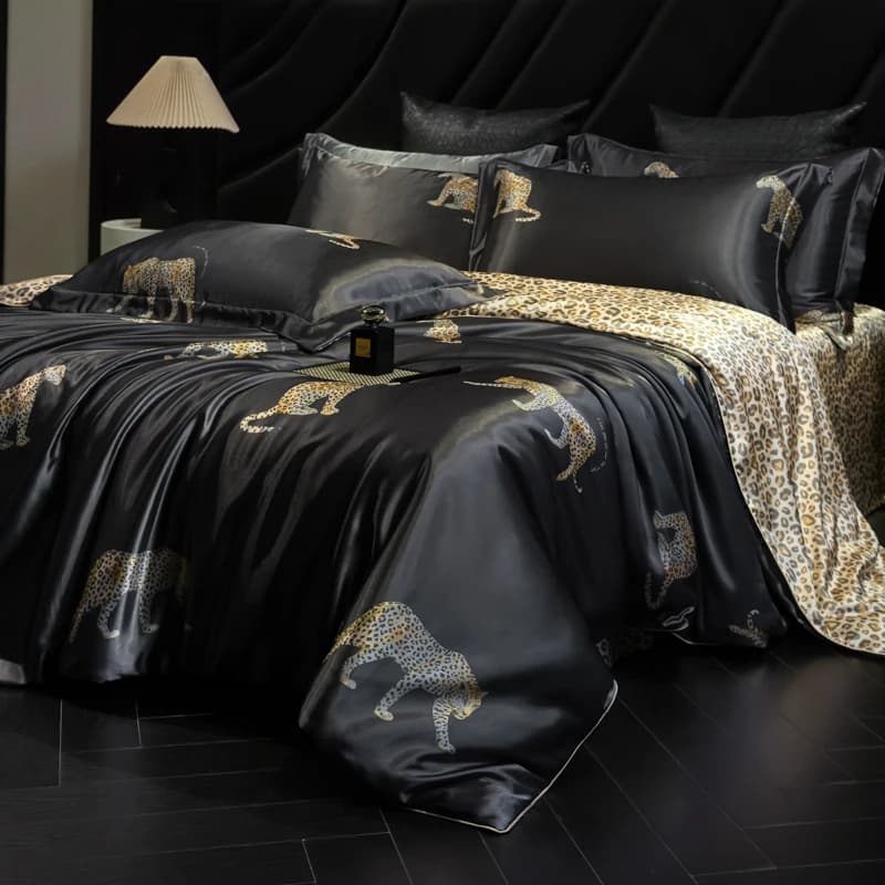 Set di Biancheria da Letto di Lusso con Stampa Leopardata Nera, Morbido e Setoso, Copripiumino, Lenzuolo con Angoli, Federe, 3/4 Pezzi, Tessili per la Casa