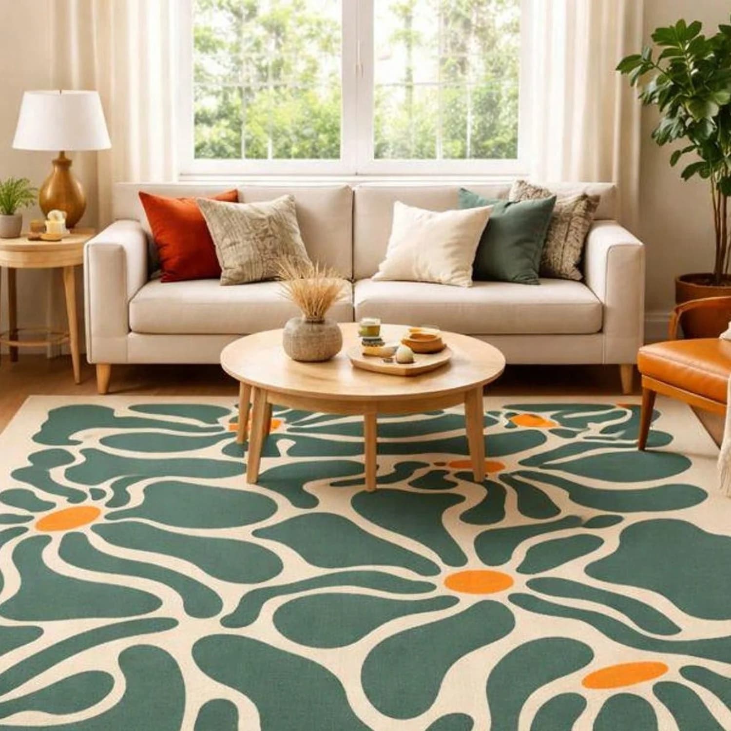 70S Floral Carpet, Stylish Sage Green Living Room Rug, Mid-Century Modern Floral Carpet, Aesthetic Danish Pastel, Large Bohemian Style Carpet.
