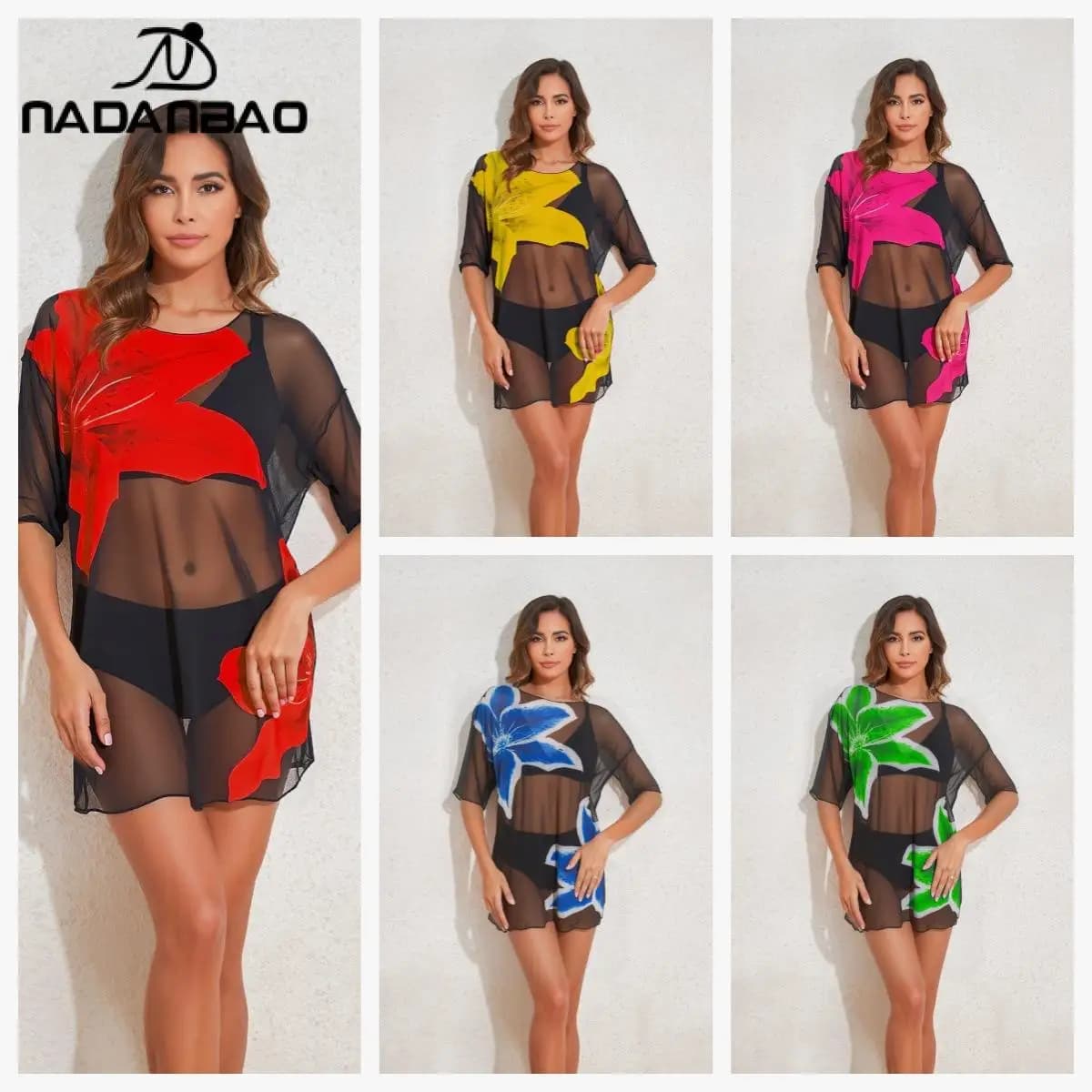 Nadanbao Set bikini tre pezzi con stampa floreale da donna, sexy vestito in rete nera, camicetta a mezza manica, costumi da bagno per vacanze al mare