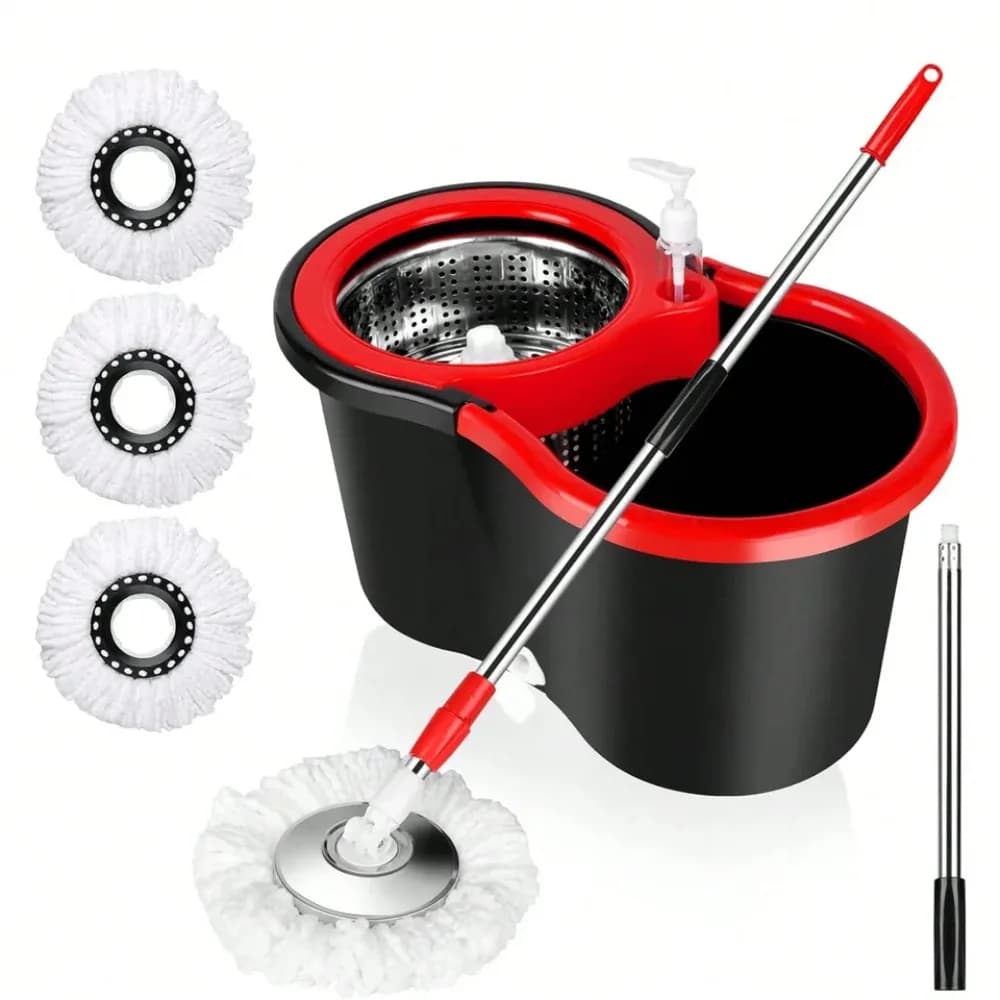 Set Mop e Secchio con Strizzatore 360 ° Mop Girevole con 4 Testine in Microfibra, Manico Regolabile in Acciaio da 61 Pollici per Pulizia Pavimenti