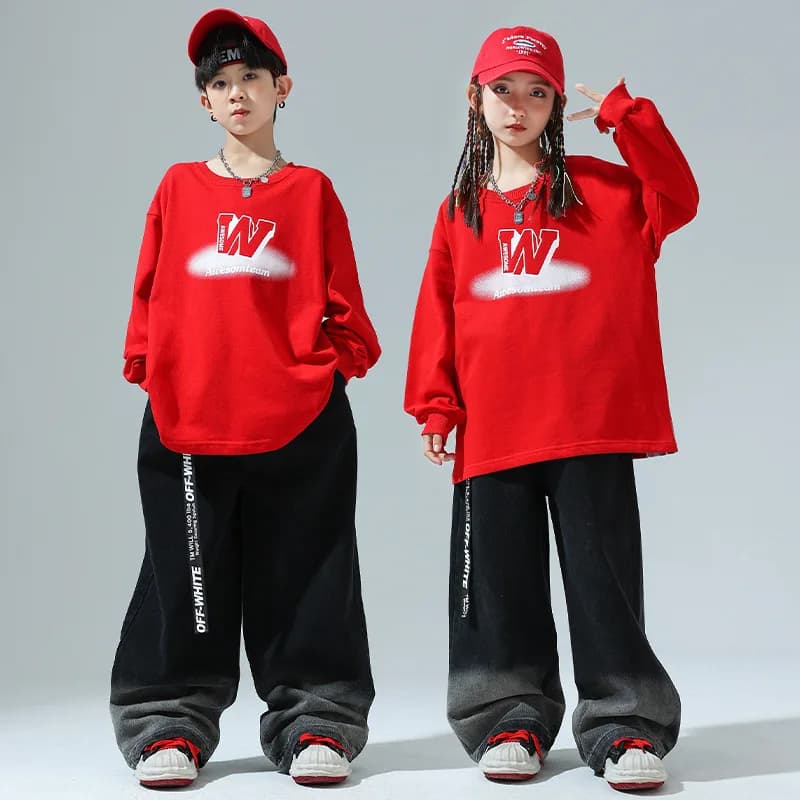 Abbigliamento Hip Hop per bambini Cool Felpa con stampa oversize rossa Top Jeans casual Pantaloni larghi per ragazze Ragazzi Costumi di danza jazz Vestiti