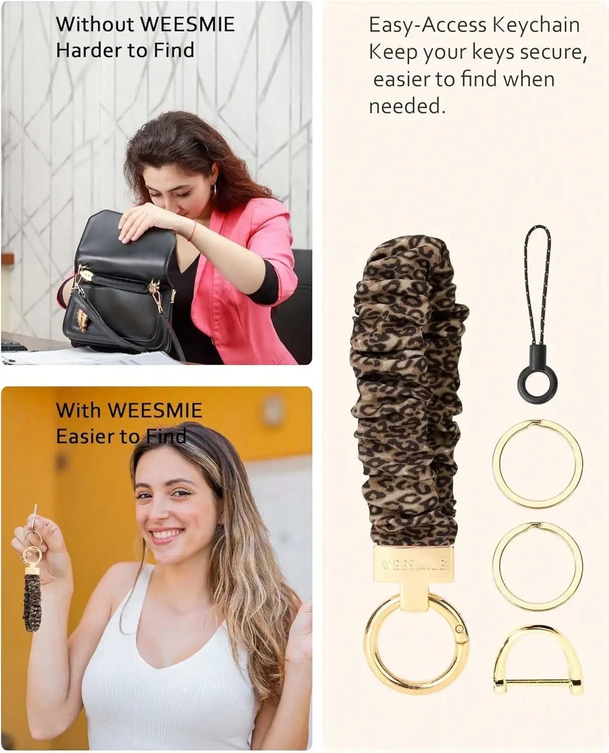Portachiavi elastico a forma di scrunchie con anello a D per chiavi dell'auto, braccialetto porta chiavi elasticizzato per donna e uomo