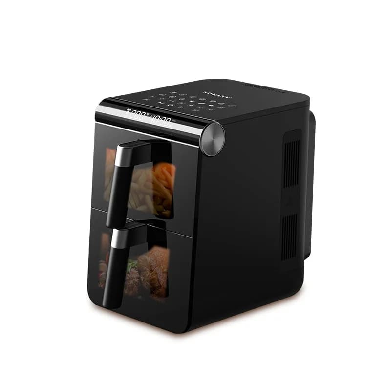 Nuova friggitrice ad aria a doppio camino Friggitrice ad aria 4 in 1 a 2 cestelli Forno riscaldato Friggitrice da cucina ad aria veloce con finestra visibile