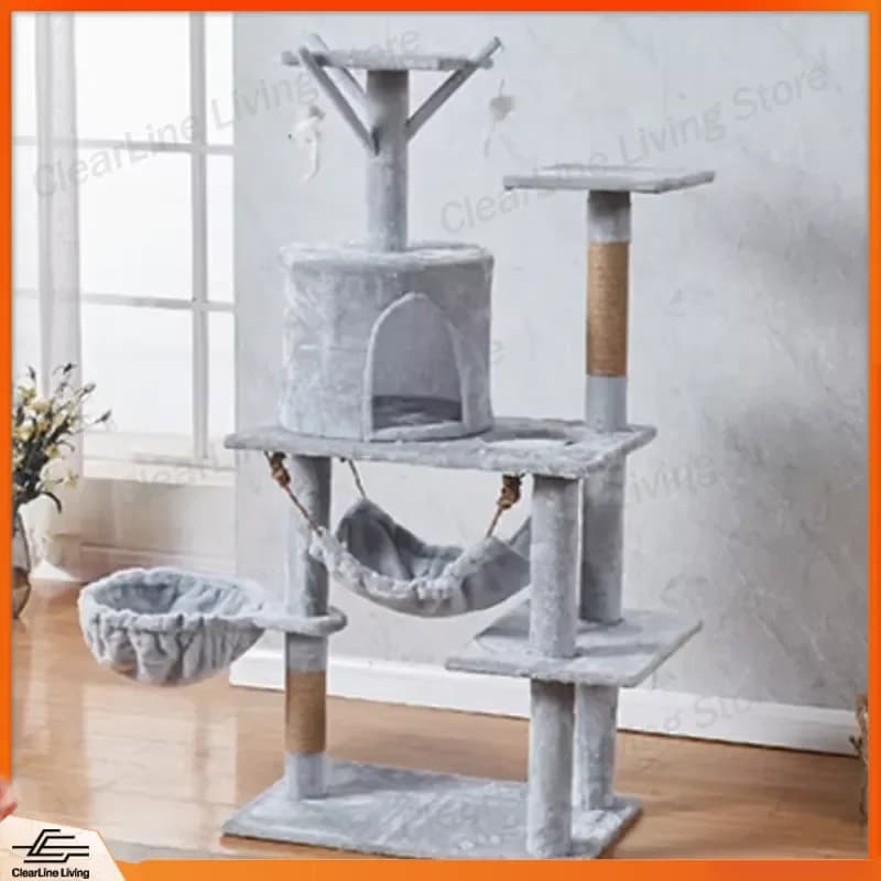 Cat Tree Scratching Post Climbing Frame with Condo Hammock Platform for Indoor Cats Play Rest Exercise All-in-One Pet