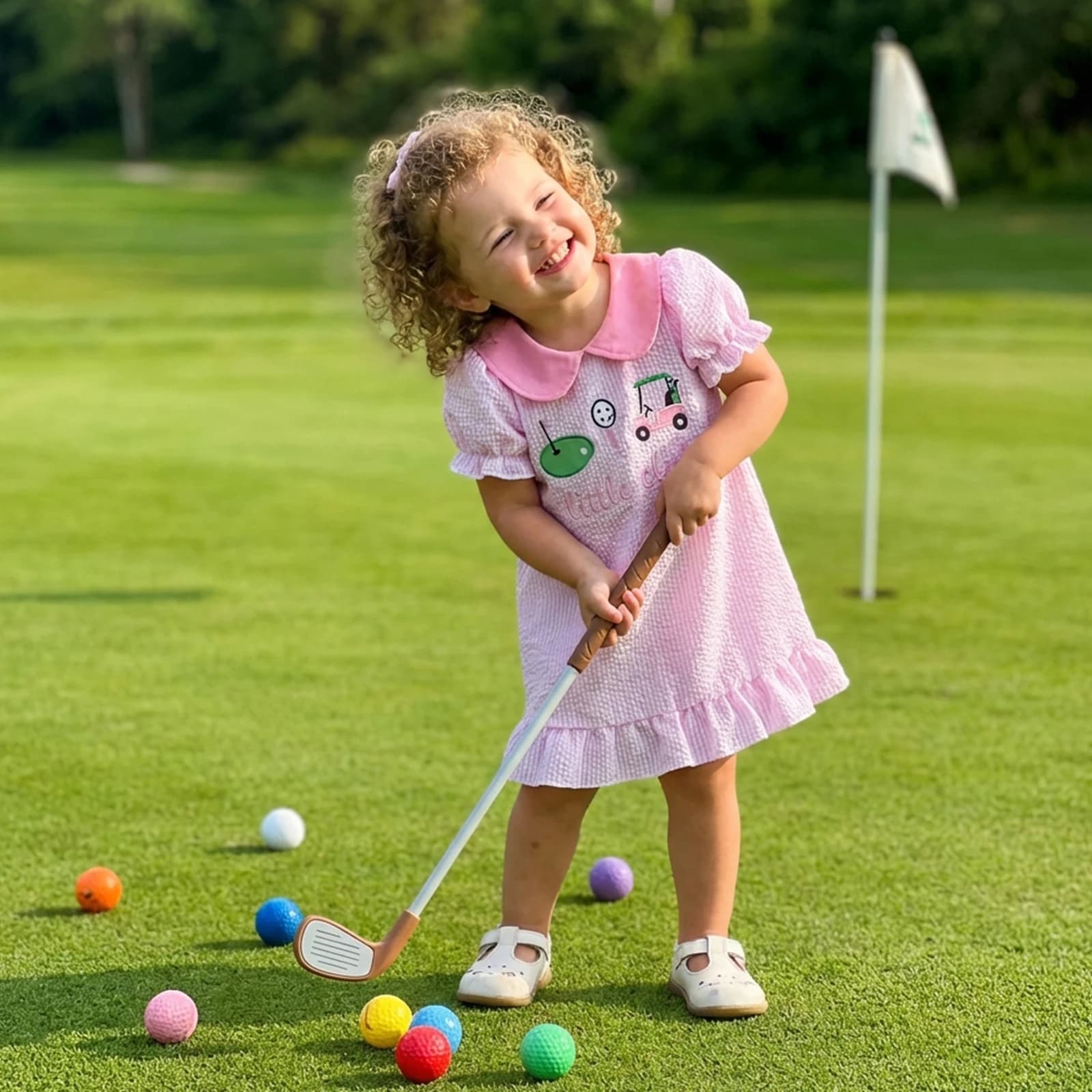 Abito estivo per bambina da bambino Abito a righe con colletto per bambola a maniche corte ricamato a tema golf con lettera alla moda
