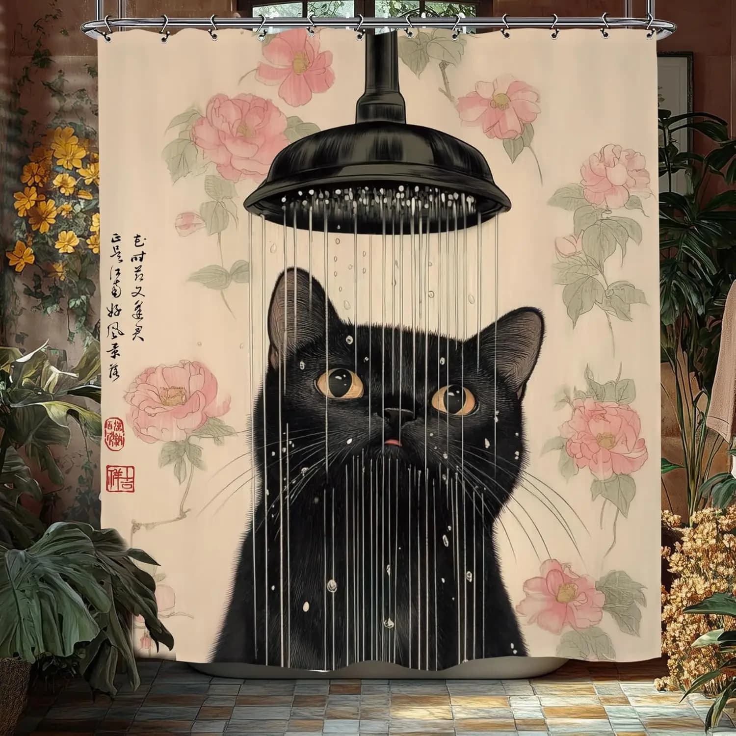 Whimsical Black Cat Floral Pattern Shower Curtain Bathroom Decor Waterproof Shower Stall Curtain Linens Art Prints Pet Cat Lover
