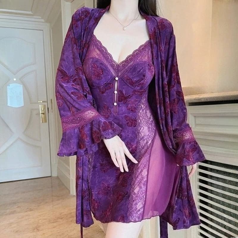 Twinset Velvet Robe Set Autumn Women's Lace Bathrobe Night Shirt Complete Pijama Winter Velvet Nightwear Nightwear Kimono Dress