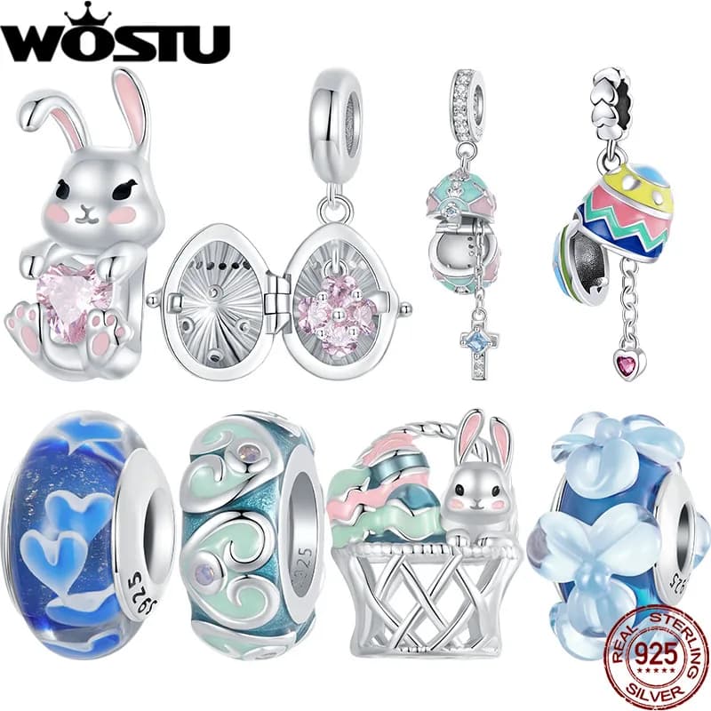WOSTU 925 Sterling Silver Colorful Easter Charm Lucky Egg ciondolo tappo in Silicone perline di Murano Fit braccialetto originale regali fai da te