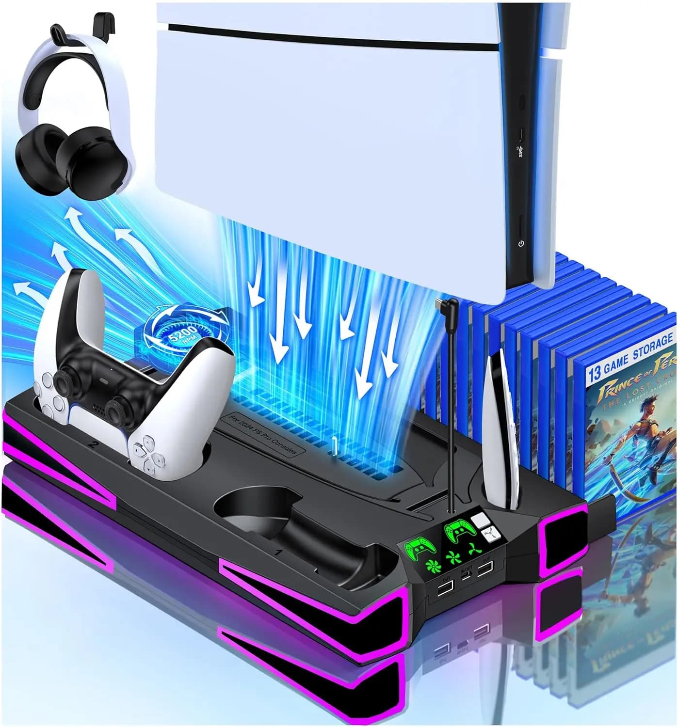 Stazione di raffreddamento con supporto PS5 per console PS5/PS5 Slim, supporto verticale per accessori PS5 con ventola di raffreddamento P5 grande da 2,36 pollici