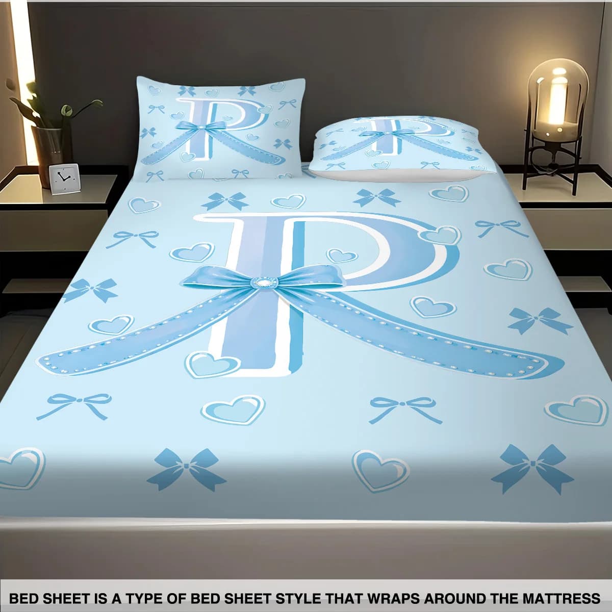 Set di lenzuola coreless con stampa R da 3 pezzi con fiocco blu, decorazione per copriletto multi-dimensione per camera da letto e dormitorio, lavabile in lavatrice