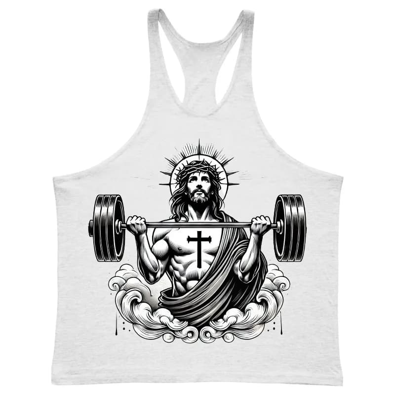 Custom design Jesus with dumbbell print Men's vest Ishaped Sports and fitness vest Gym suit Crew neck sweatshirt