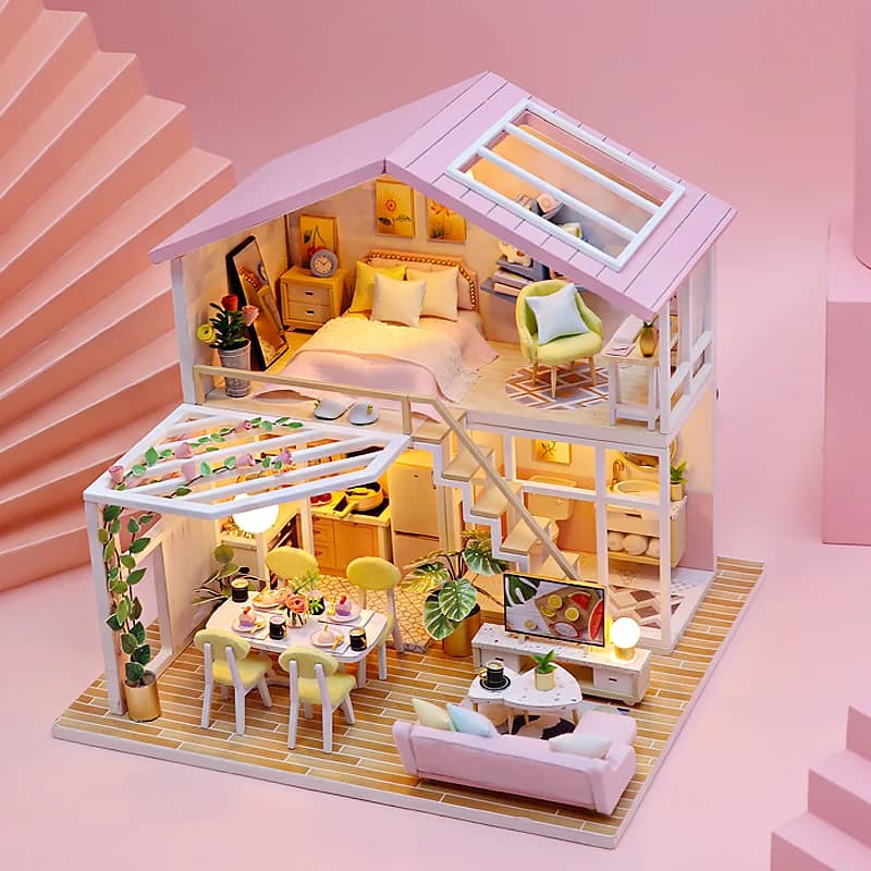 Mini casa delle bambole fai-da-te Piccola casa in legno Puzzle 3D assemblare modello di edificio Decorazione della camera da letto di casa con mobili Regali della casa delle bambole