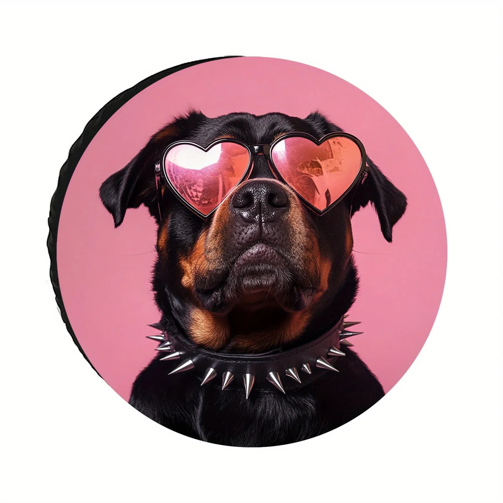 Durable polyester spare cover with Rottweiler pattern, heart-shaped sunglasses and collar with studs for SUVs, trucks and trailers
