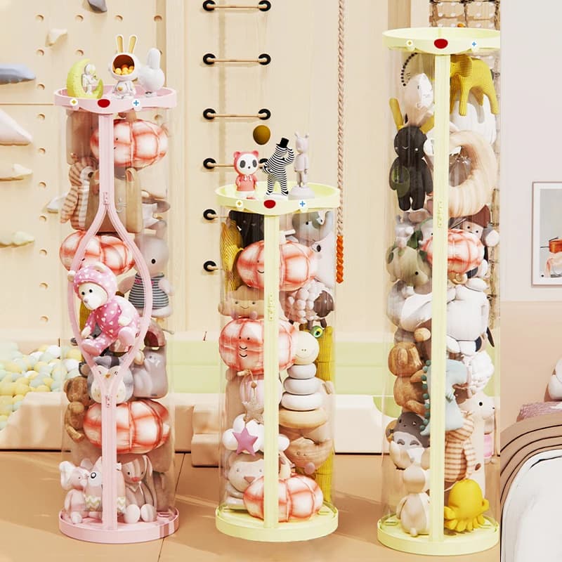Scatola portaoggetti per bambole Giocattoli di peluche Secchio Organizzazione dei cartoni animati Organizzatore di giocattoli per bambini Casa Contenitori per tubi trasparenti con cerniera fai da te Regalo per bambini