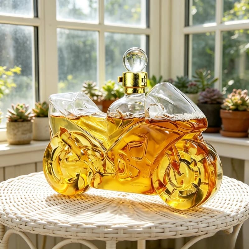 Bottiglia di vino in vetro a forma di motocicletta, bottiglia sigillata a tema locomotiva per vino frizzante, ornamento da collezione per whisky e vini stranieri