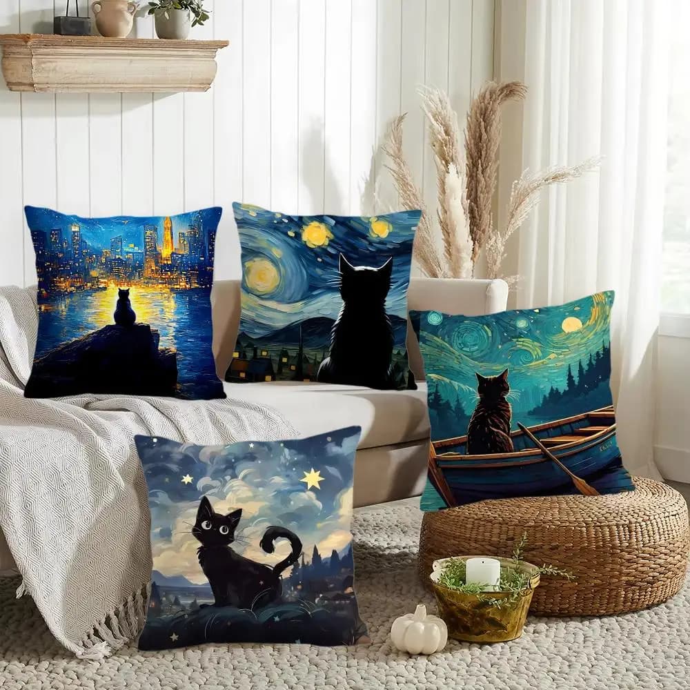 Black Cat Cushion Cover Double-Sided Printed Organic Linen Pillow Cover, Decorative for Sofa Home