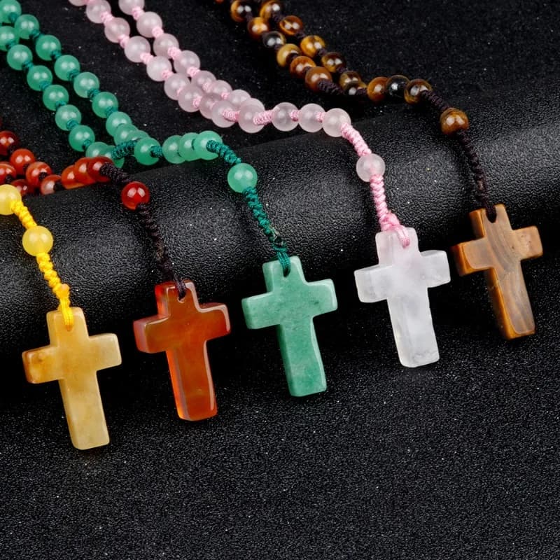 Collana rosario con perline in pietra naturale da 6mm per donna uomo croce cristiana catena con ciondolo crocifisso religione gioielli Drop Shipping