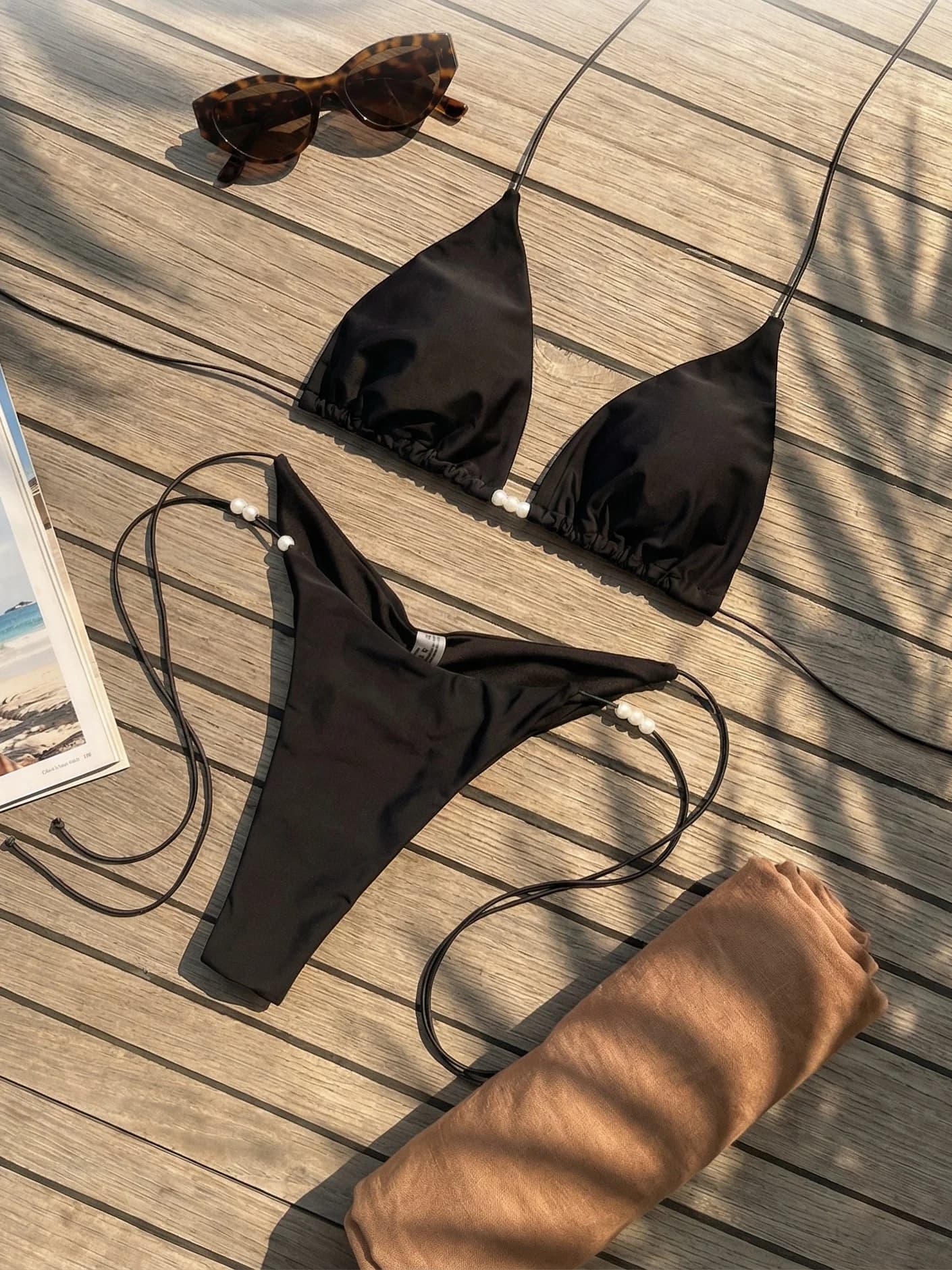 Costume da bagno sexy da donna, bikini a fascia, perizoma, lucido, con laccetti, per la spiaggia