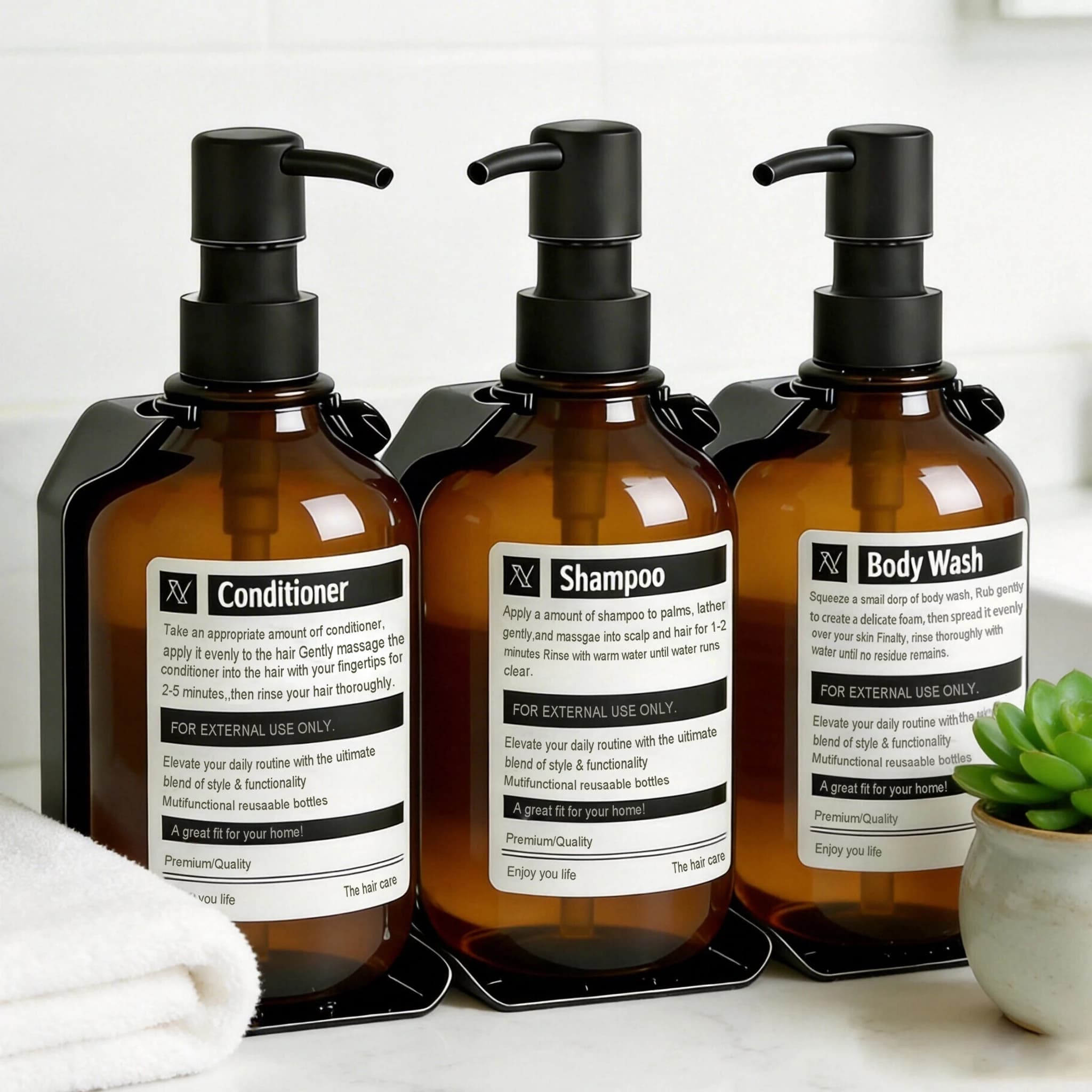 Dispenser di Sapone da Parete per Doccia, Bottiglia Ricaricabile per Shampoo, Balsamo e Bagnoschiuma con Supporto a Muro, Contenitori per Bagno Senza Foratura